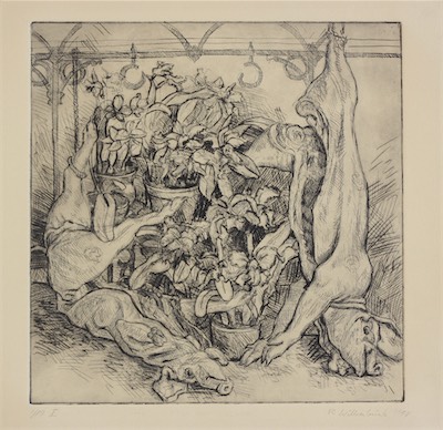 Pigs & Orchids I; etching/drypoint, 30 x 30 cm, 1995